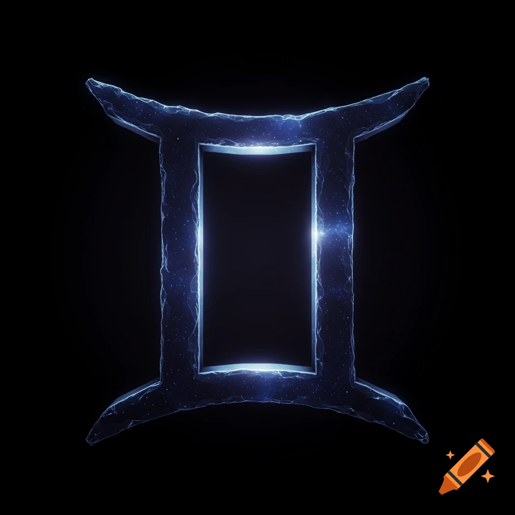 A glowing dark blue Gemini zodiac symbol with a textured, ice-like appearance on a black background.
