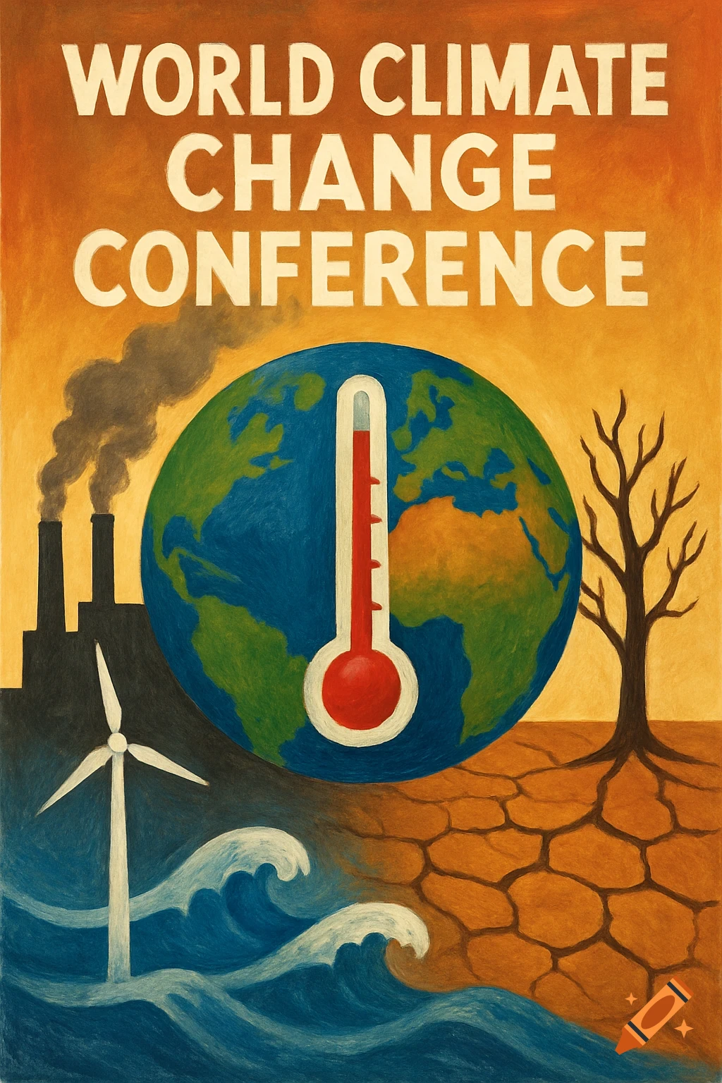 Climate change conference poster showing Earth, thermometer, factories, wind turbine, waves, and cracked land.