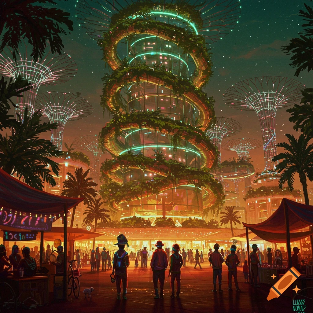 Vibrant solarpunk city at dusk with a large spiral building covered in foliage and glowing lights, 'supertrees', and busy market stalls.