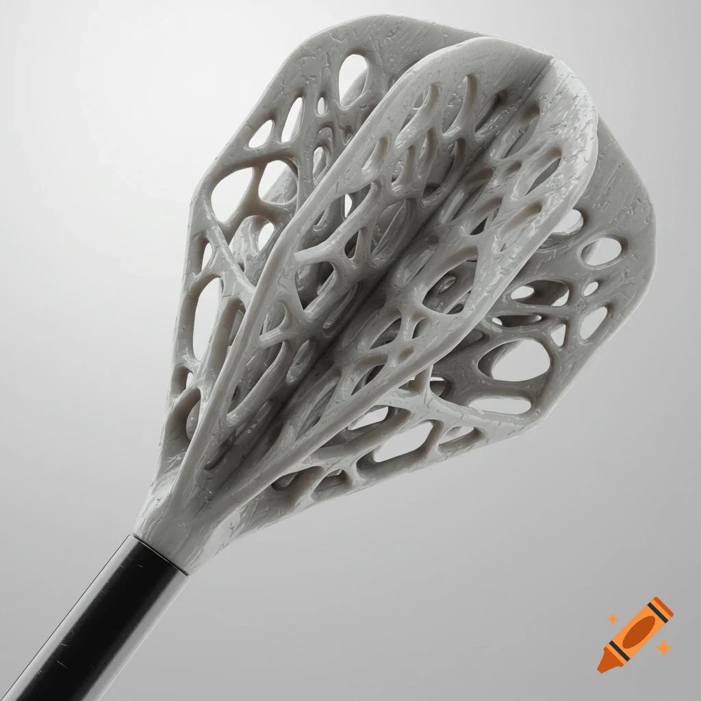 A close-up of a grey 3D-printed dart shaft with an intricate, porous structure, on a white background.