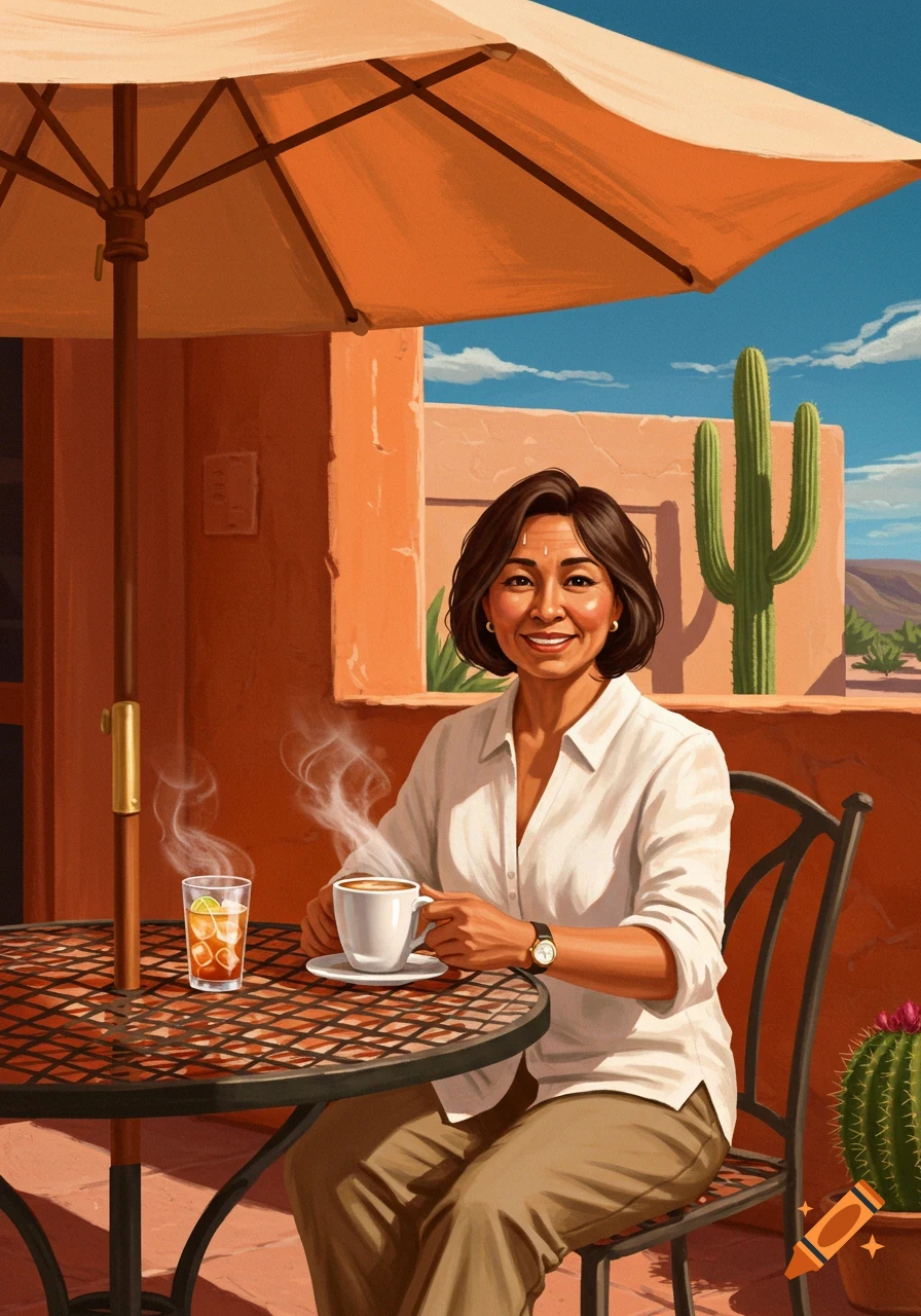 Smiling woman at outdoor cafe, desert background with cactus, enjoying coffee in illustrative style.