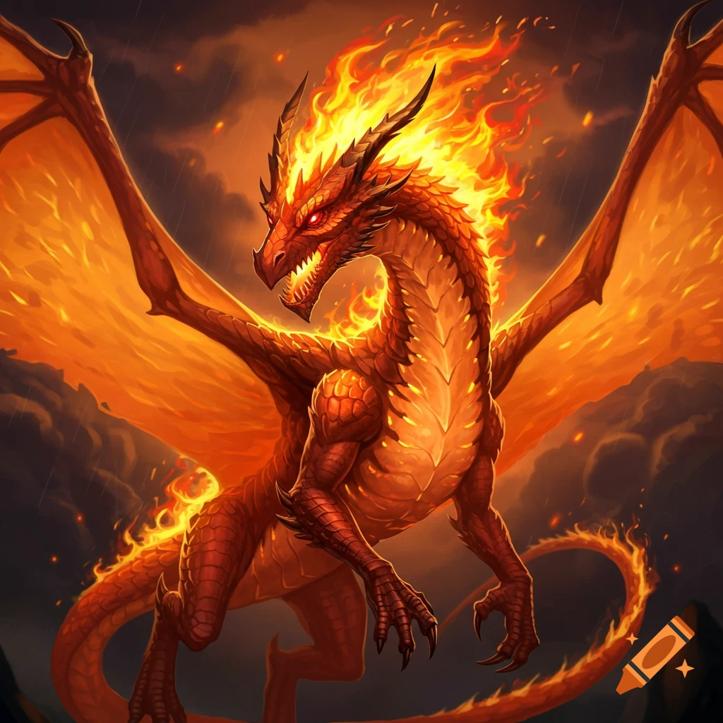 A powerful red fire dragon with glowing eyes and spreading wings soars through a dark, stormy sky.