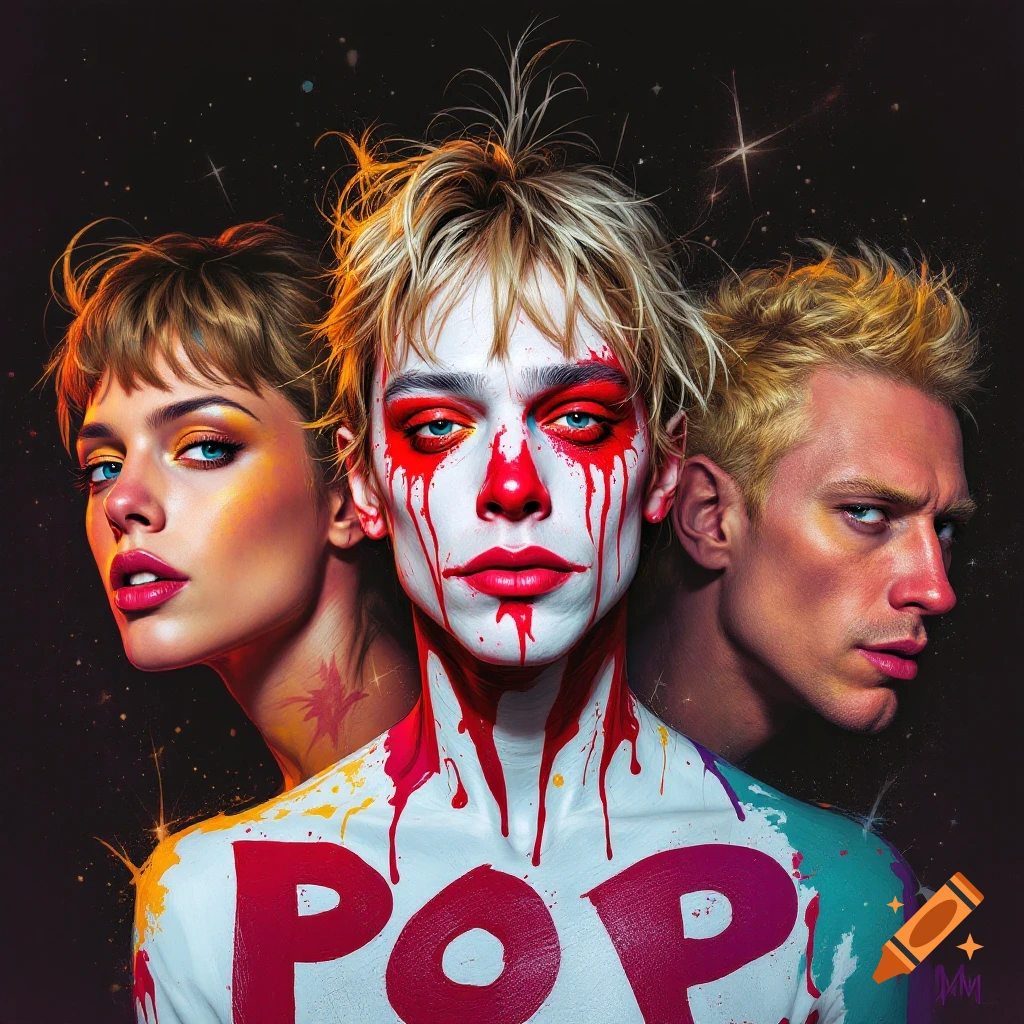 A stylized pop art portrait with a central figure wearing red and white face paint, flanked by two other individuals, with the word "POP" written on their chest.