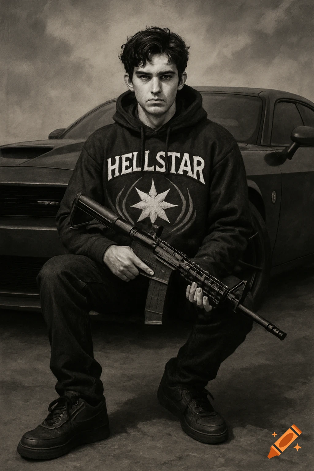 Monochrome portrait of a young man in a Hellstar hoodie and jeans, holding an AR-15 rifle, squatting in front of a dark car.
