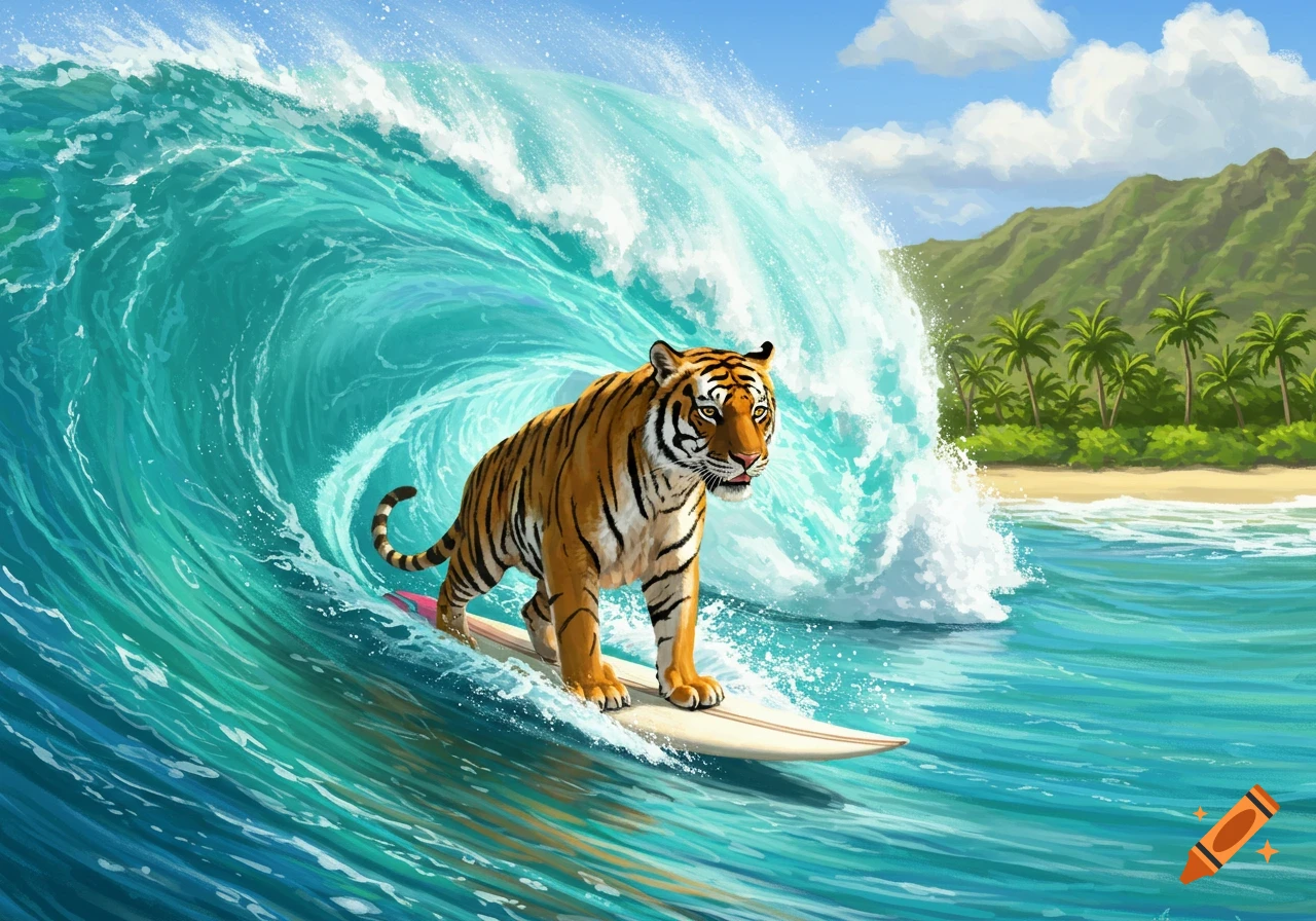 A tiger rides a large blue ocean wave on a surfboard, with a tropical beach and green mountains in the background.