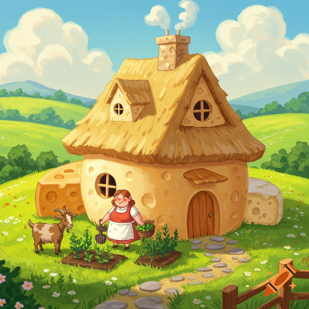 A cartoon woman waters a garden next to a goat and a cheese house with a thatched roof on a grassy hill.