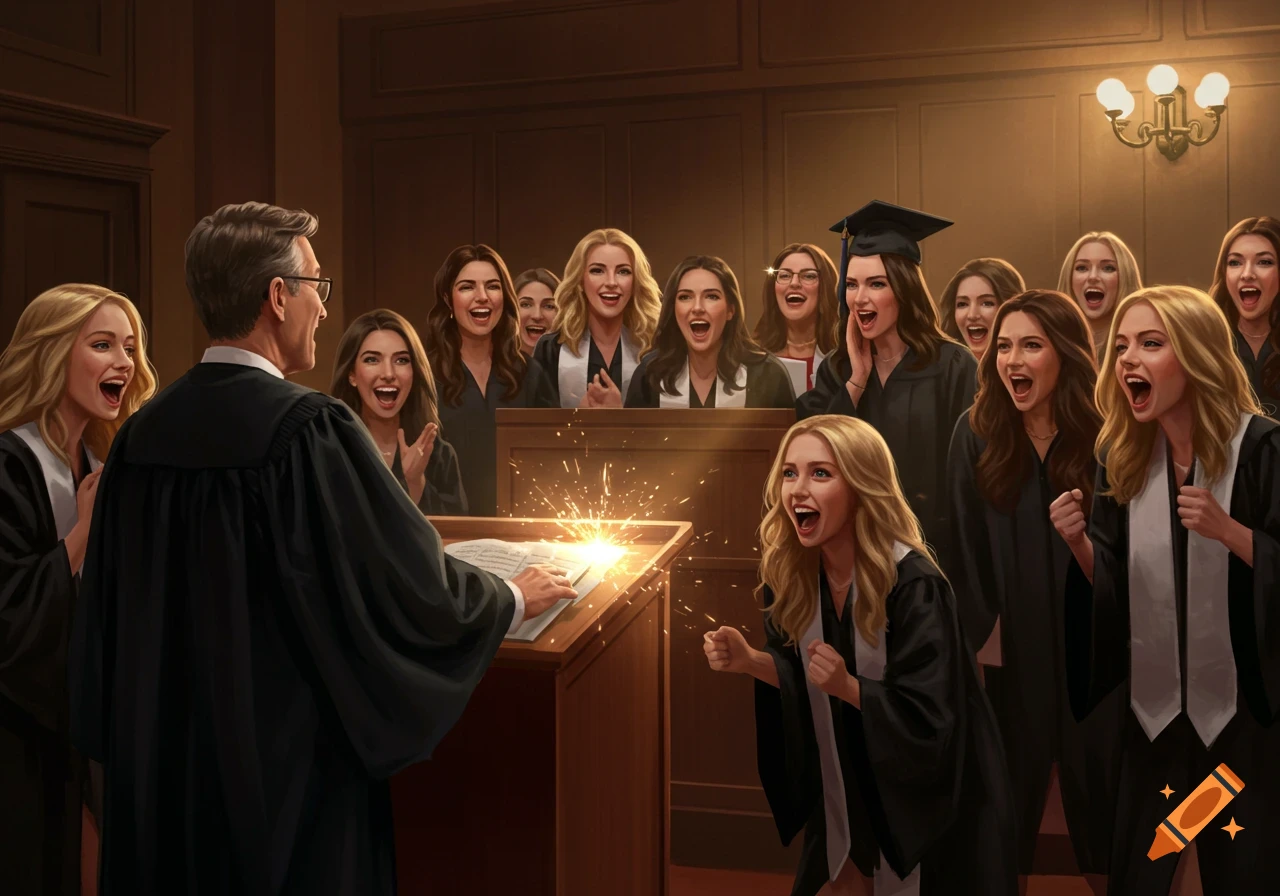 A digital painting shows excited women in graduation gowns reacting to a magical spark on a podium where a male dean stands.