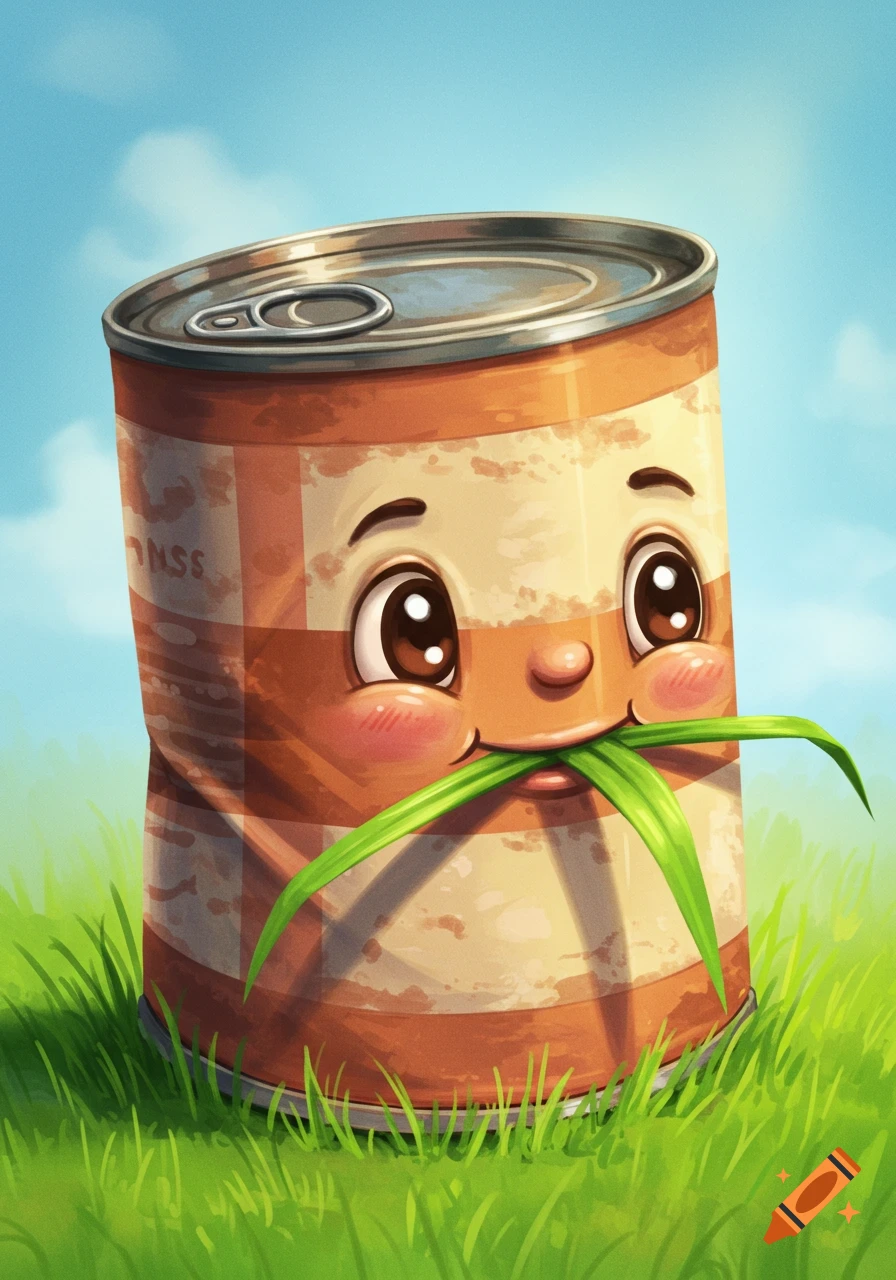 A whimsical cartoon tin can with a smiling face and blushing cheeks, eating a blade of grass in a sunny grassy field.