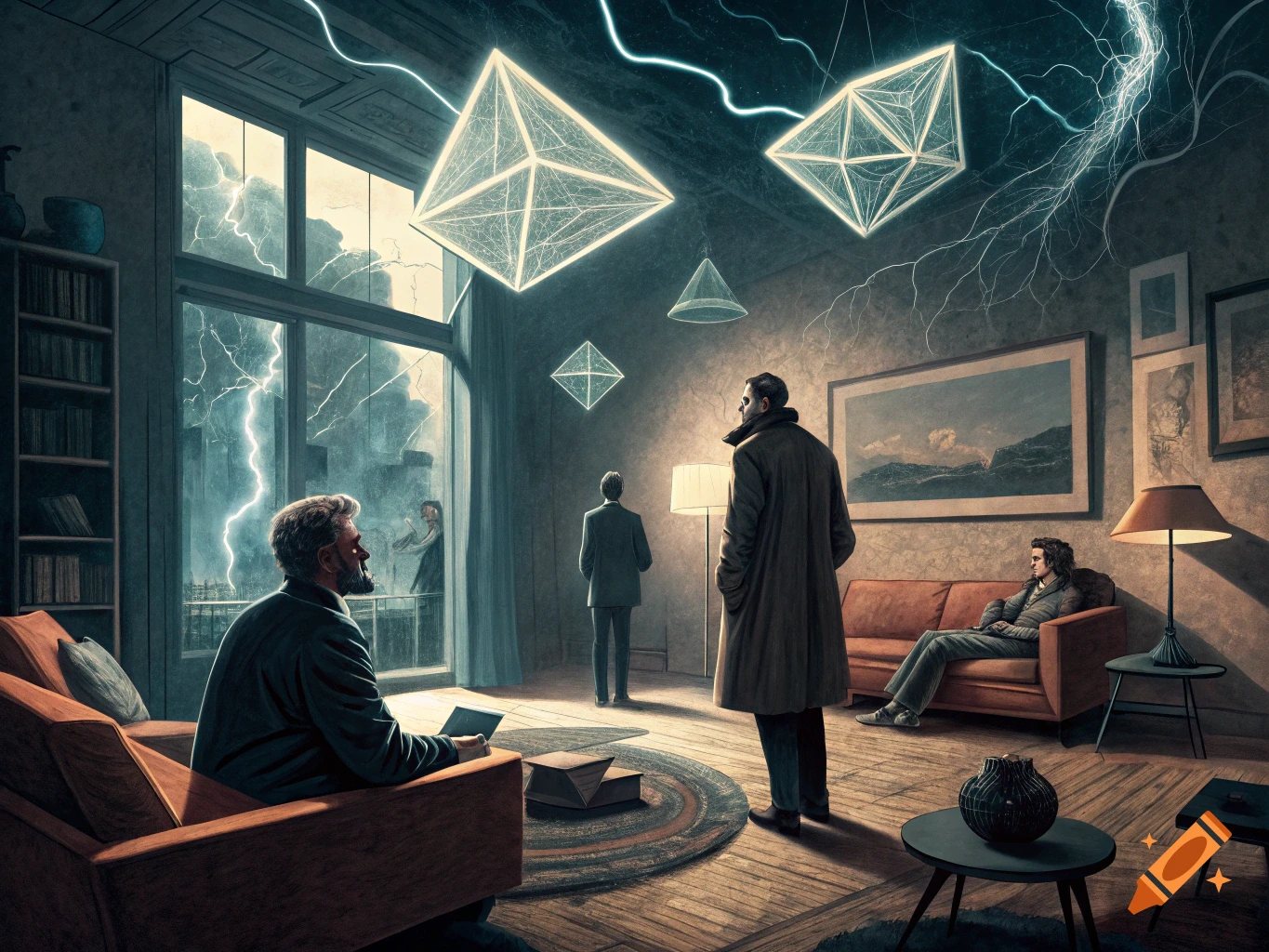 An oil painting of men in a surreal living room during a lightning storm, with glowing geometric shapes floating in the air.
