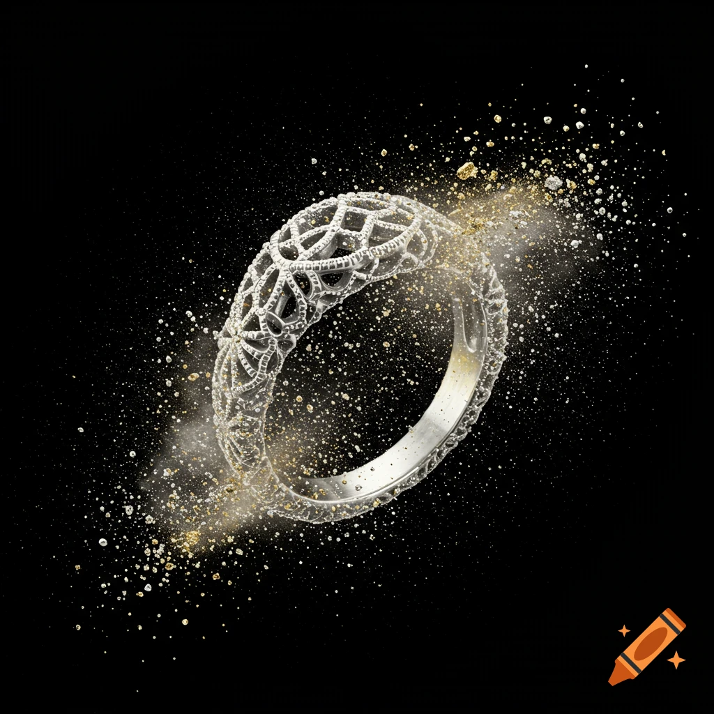 A detailed silver ring with an intricate design, surrounded by a swirling cloud of golden and silver dust against a black background.