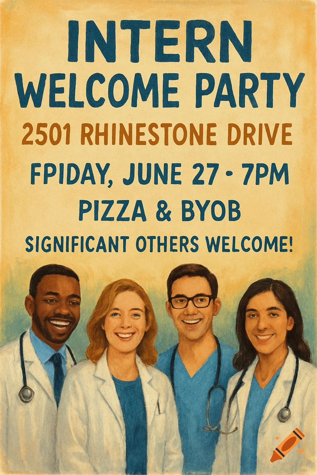A vintage-style poster for an 'Intern Welcome Party' featuring four smiling doctors, with event details.