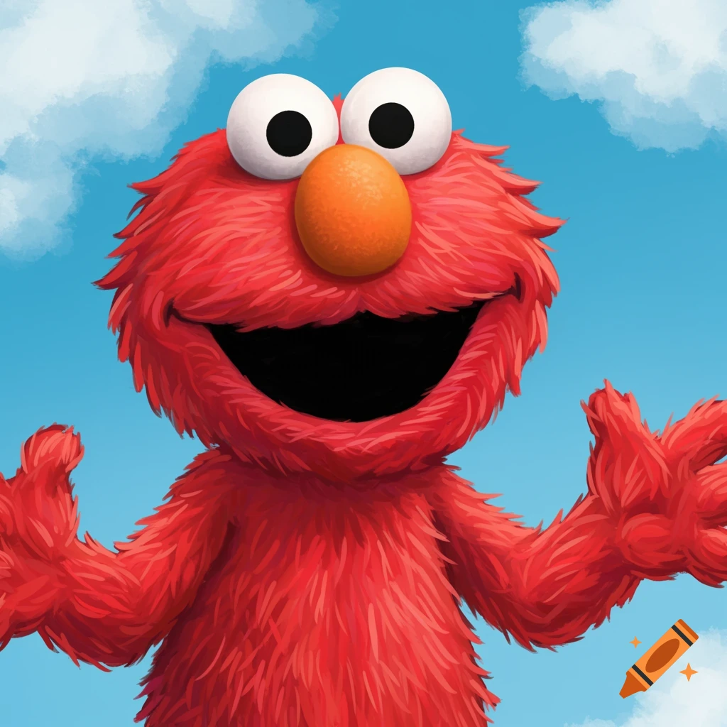 Close-up portrait of a happy, fluffy red Elmo with large eyes against a blue sky with white clouds.