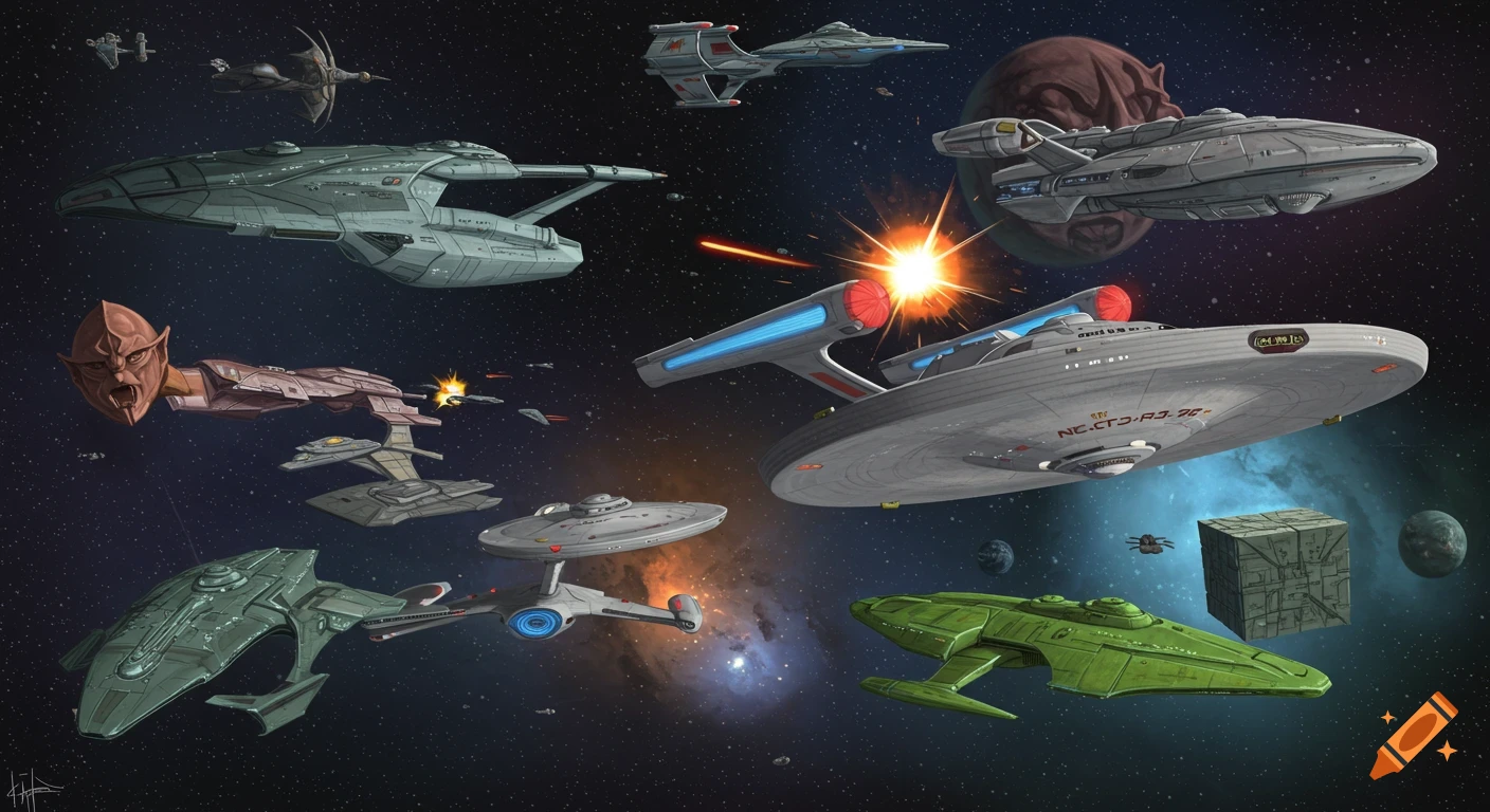 An illustrative depiction of a space battle featuring various Star Trek ships, including the Enterprise, Romulan, Klingon, Cardassian, Ferengi, and Borg Cube, amidst explosions.