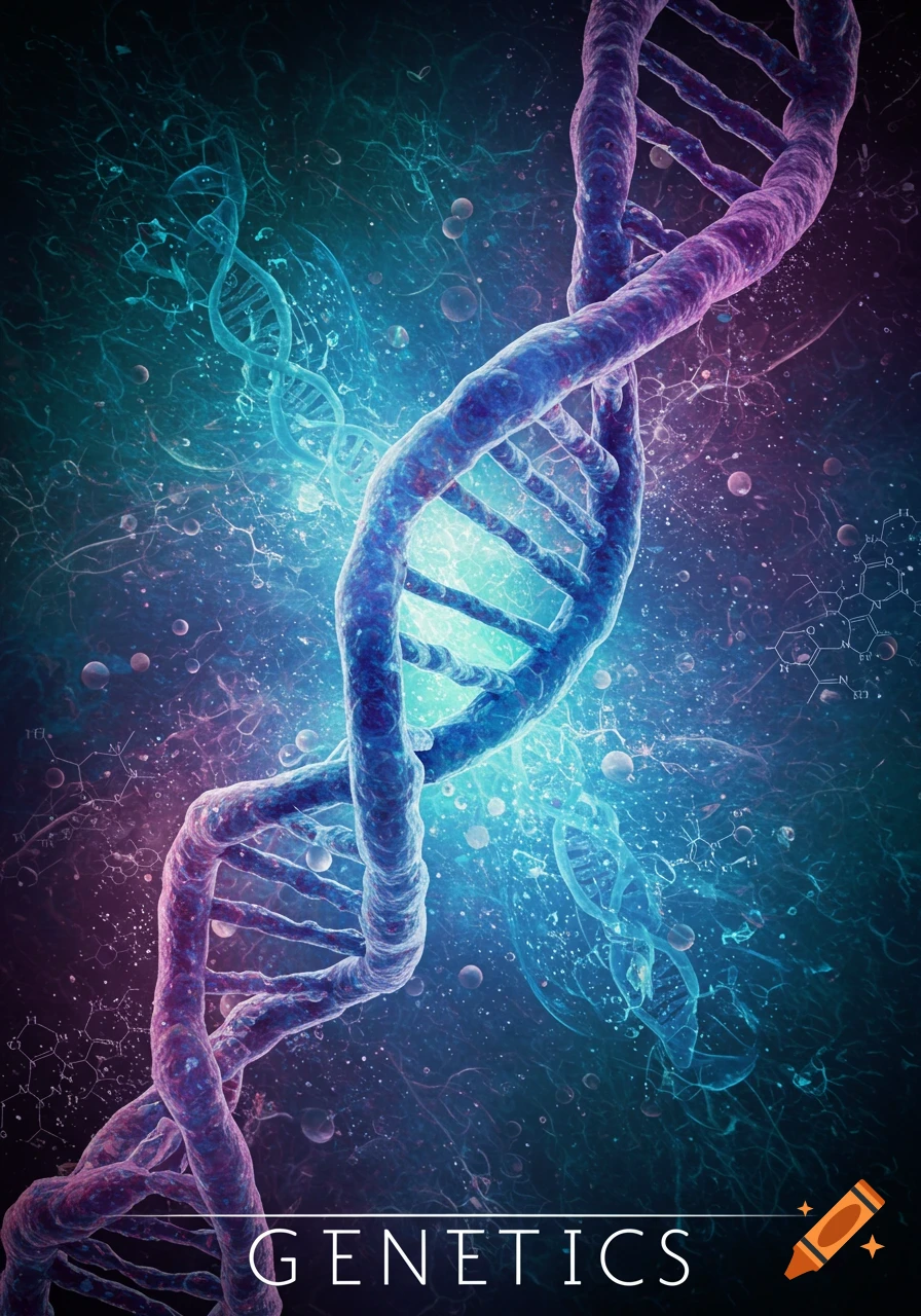 A glowing blue and purple DNA double helix against an abstract dark background, with the word GENETICS below.