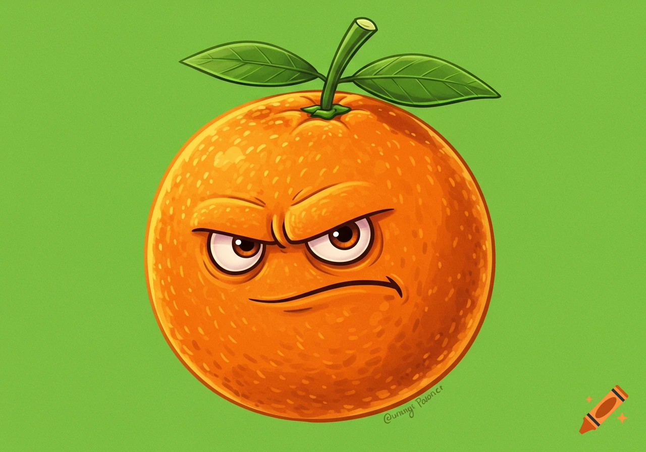 Cartoon orange with an angry face, green stem, and two leaves on a bright green background.