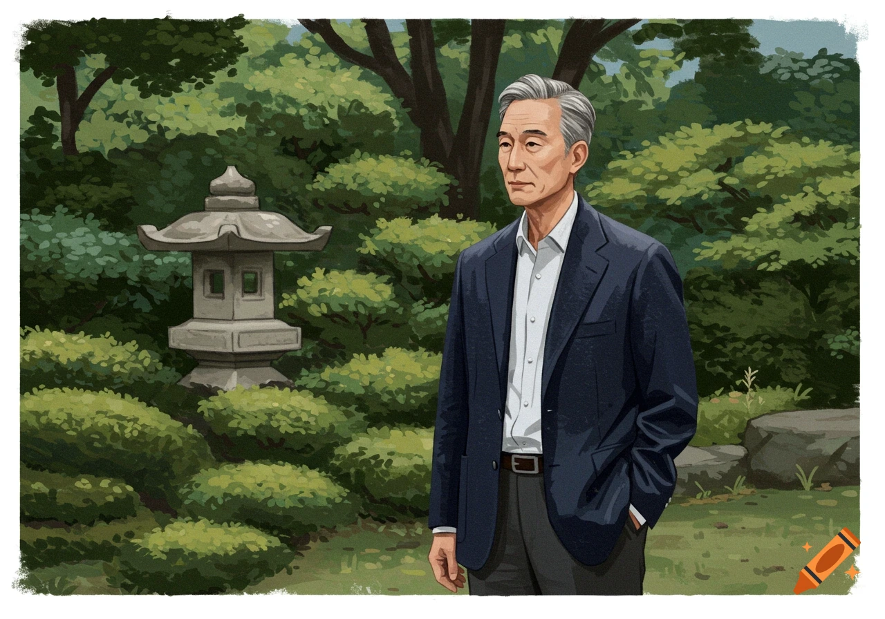 An older Asian man in a suit stands in an illustrative Japanese garden with a stone lantern.