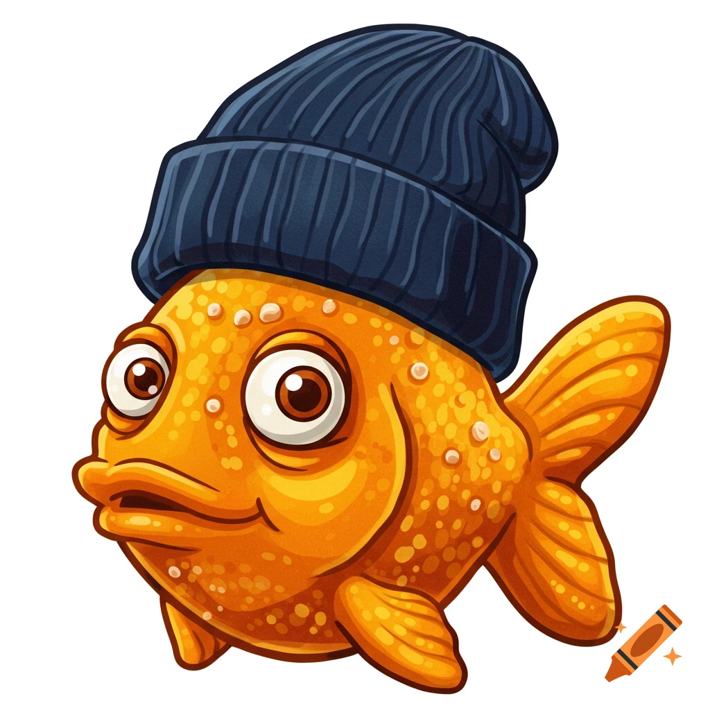 A cartoon goldfish wearing a blue beanie.