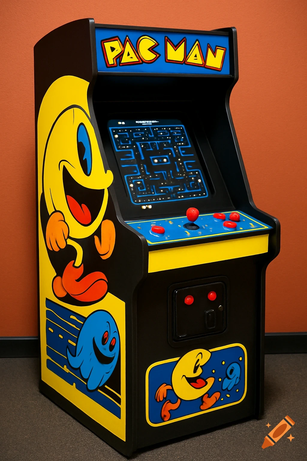 A colorful Pac-Man arcade cabinet with classic yellow and blue Pac-Man character art and a glowing screen, set against an orange wall.
