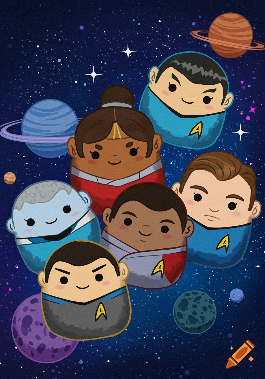 Cute, chibi-style Star Trek characters in Starfleet uniforms float in starry space with planets.