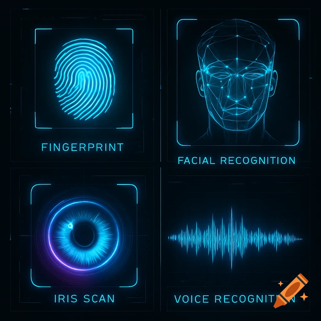 Four digital panels displaying biometric security interfaces: a glowing fingerprint, a facial recognition grid, an iris scan, and a voice recognition waveform.