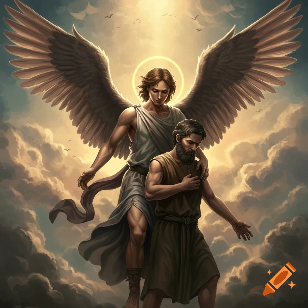 A detailed depiction of an angel with large wings comforting a bearded man amidst sunlit clouds.