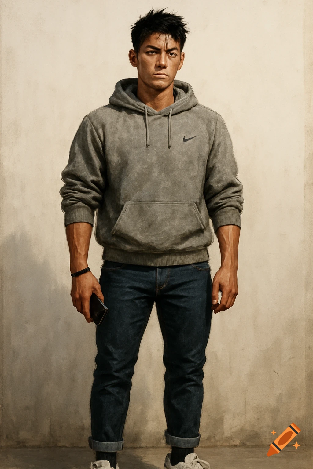 A photorealistic image of a young man with dark hair, wearing a gray Nike hoodie and dark blue jeans, standing against a beige wall, holding a phone.