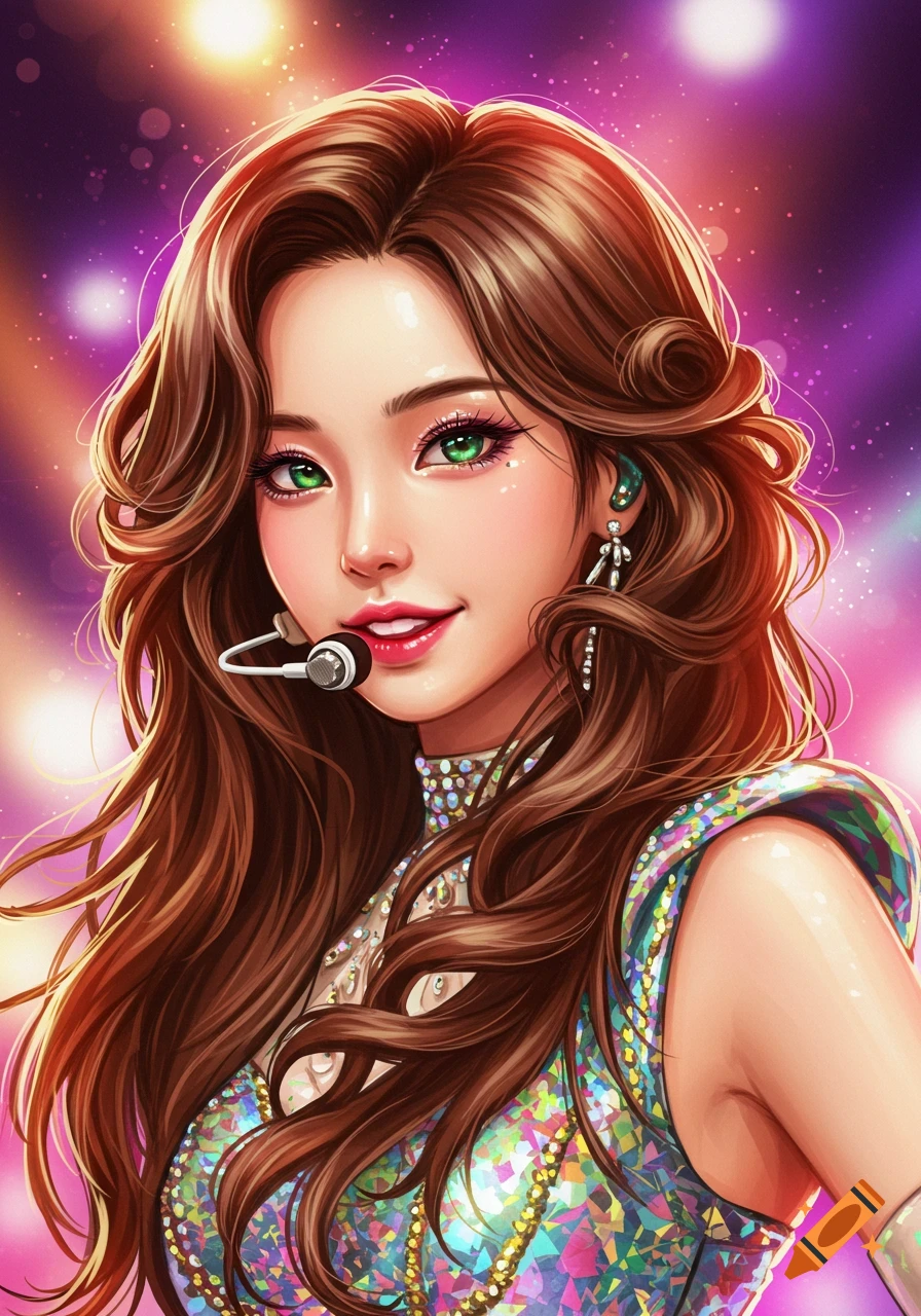 A vibrant anime-style illustration of a female Kpop idol with long brown hair, green eyes, and a sparkly outfit singing on stage.