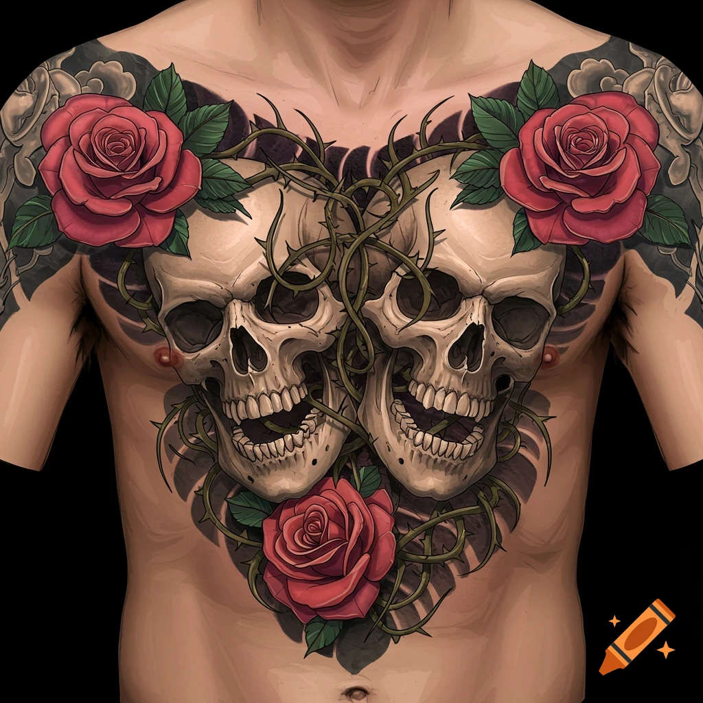 A detailed chest tattoo featuring two skulls intertwined with thorny vines and three red roses, on a male torso.