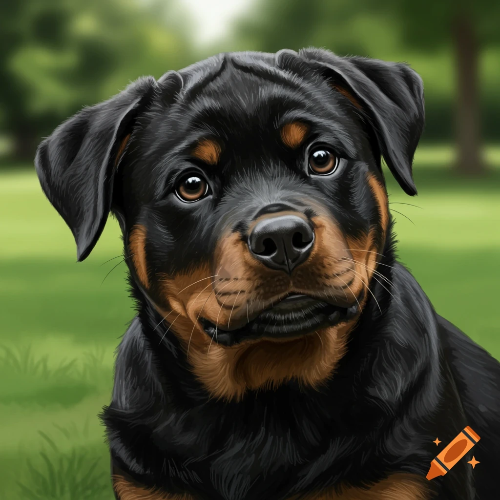 A close-up of a cute black and tan Rottweiler puppy in a grassy park, looking directly at the viewer.