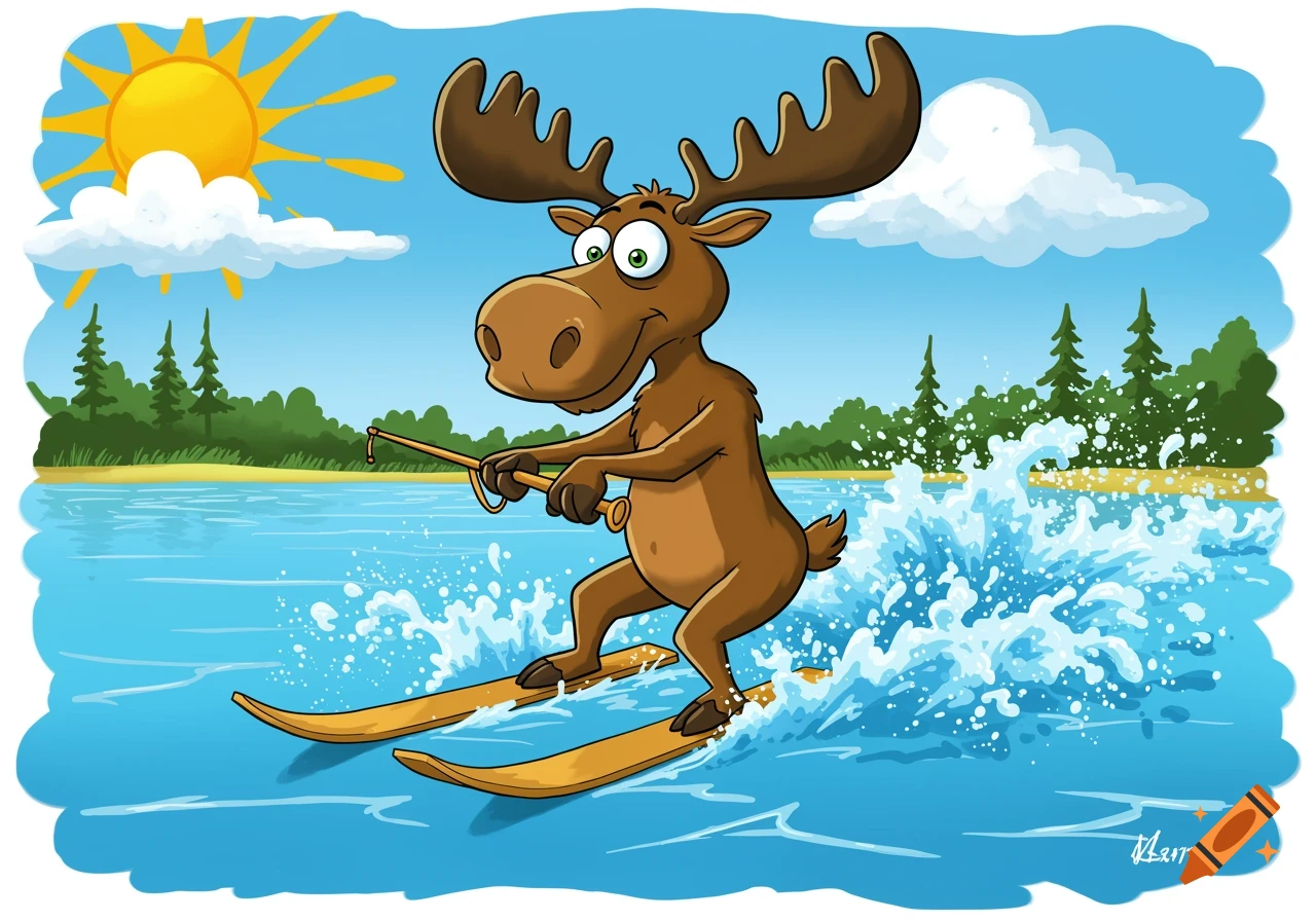 A cartoon moose waterskiing across a sparkling blue lake, creating lots of splashing water, under a sunny sky with clouds and trees along the shoreline, drawn in a kids illustration style with thick black outlines.