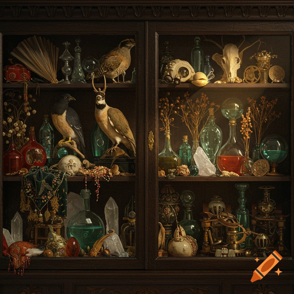 A dark, detailed still life of an old cabinet filled with curiosities like taxidermy birds, skulls, antique bottles, and crystals.