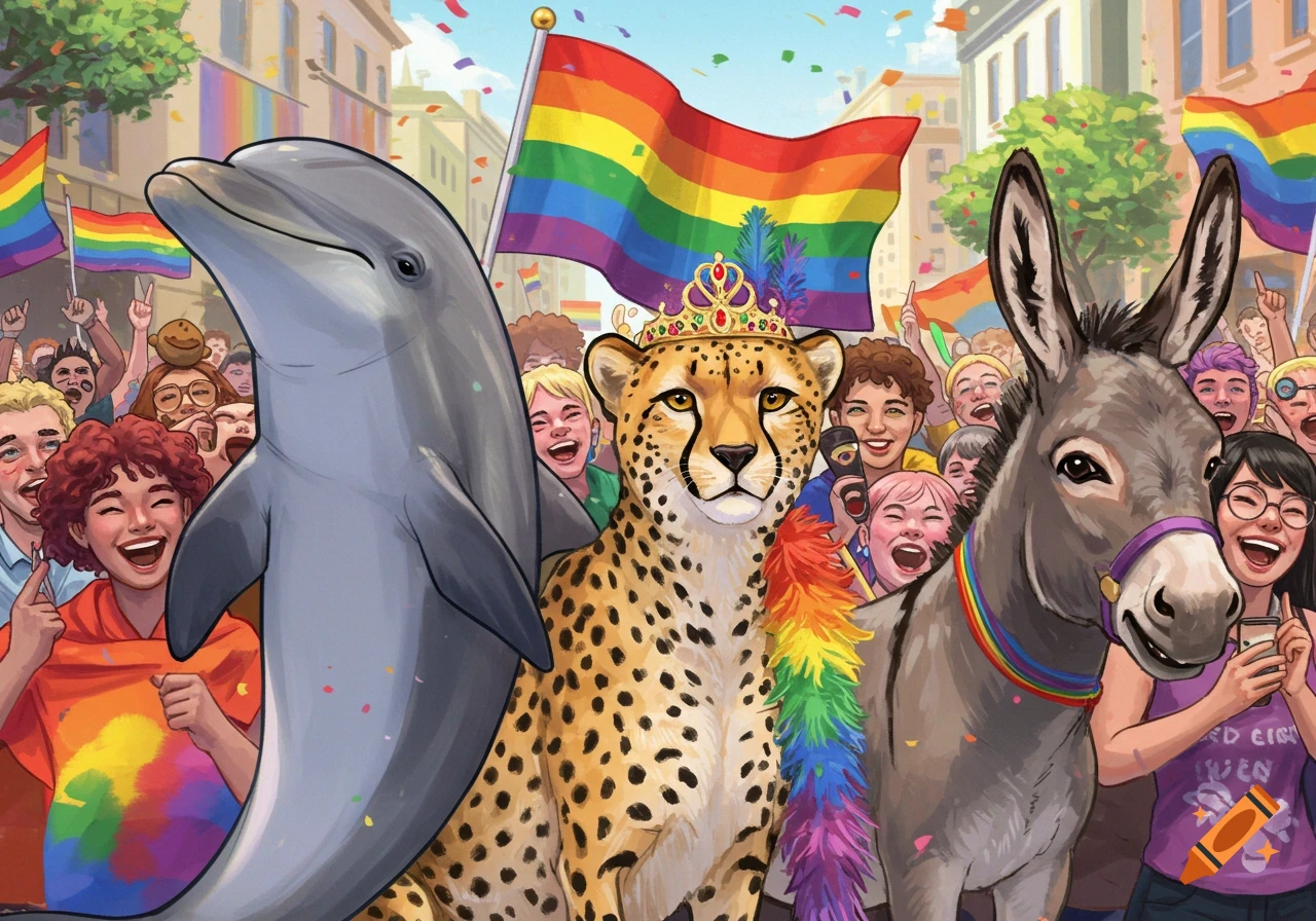 An illustrated scene of a gay pride parade featuring a large dolphin, a cheetah wearing a crown, and a donkey with a rainbow collar. Cheerful people with rainbow flags fill the background.