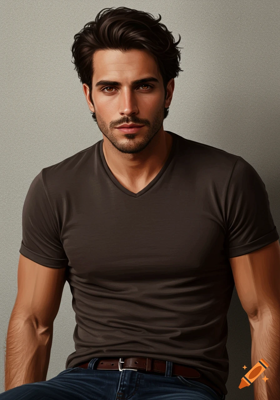 Photorealistic portrait of a handsome man with dark hair and a beard, wearing a brown v-neck shirt.