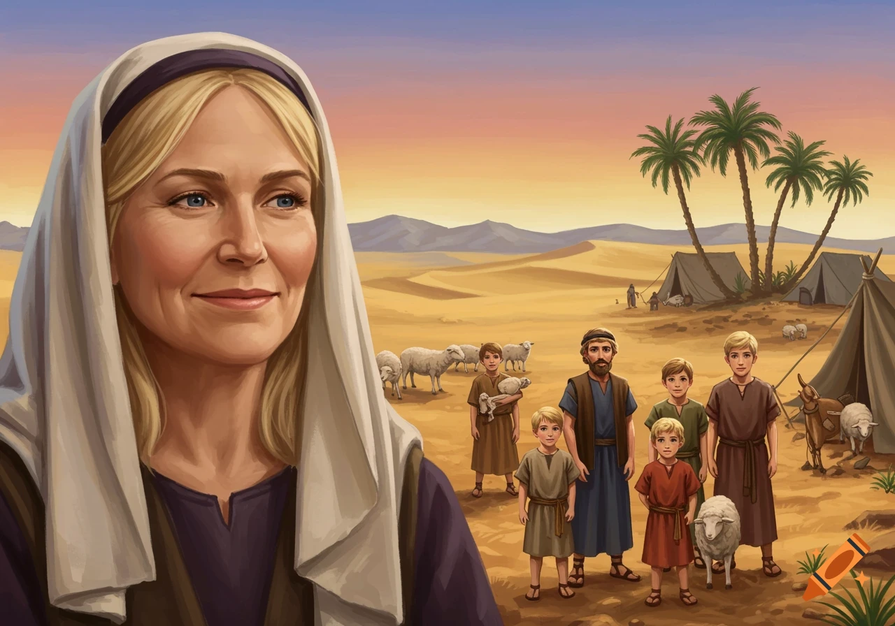 A smiling blonde woman in a head covering in the foreground, with a desert camp behind her featuring a man, children, tents, and sheep.
