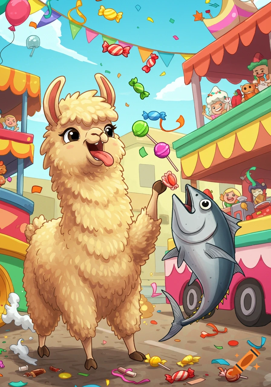 Cartoon llama and tuna fish catching colorful candies at a lively parade.