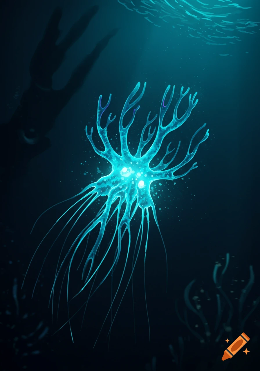 A glowing blue bioluminescent organism with branching limbs and tentacles floats in the dark deep ocean, a large shadowy figure lurking nearby.