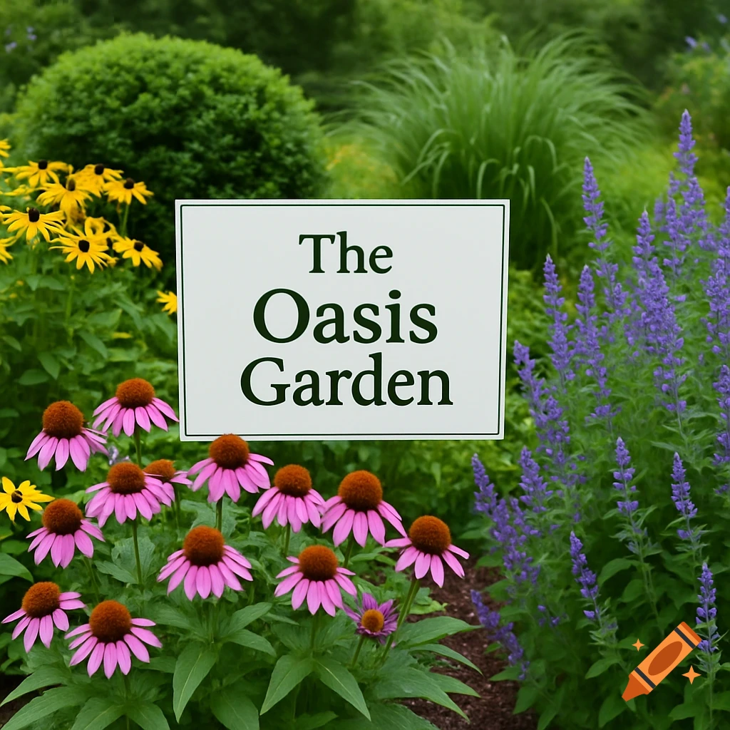 A white sign reading 'The Oasis Garden' among colorful flowers like purple coneflowers and yellow rudbeckia in a lush garden.
