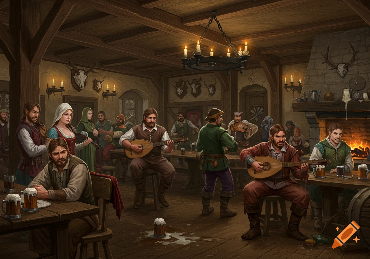 A detailed illustration of a lively medieval tavern with patrons drinking and musicians playing stringed instruments by candlelight.