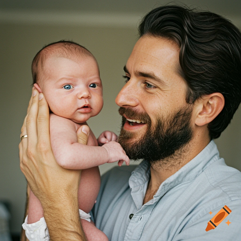 A smiling bearded man in a light blue shirt holds a blue-eyed newborn baby up close to his face.