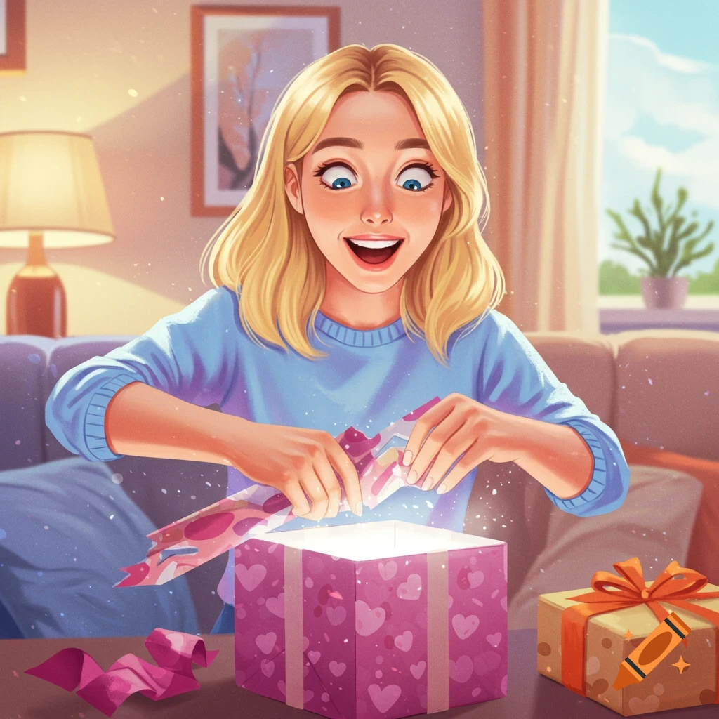 A happy blonde woman unboxes a glowing pink gift, smiling excitedly in a bright room.