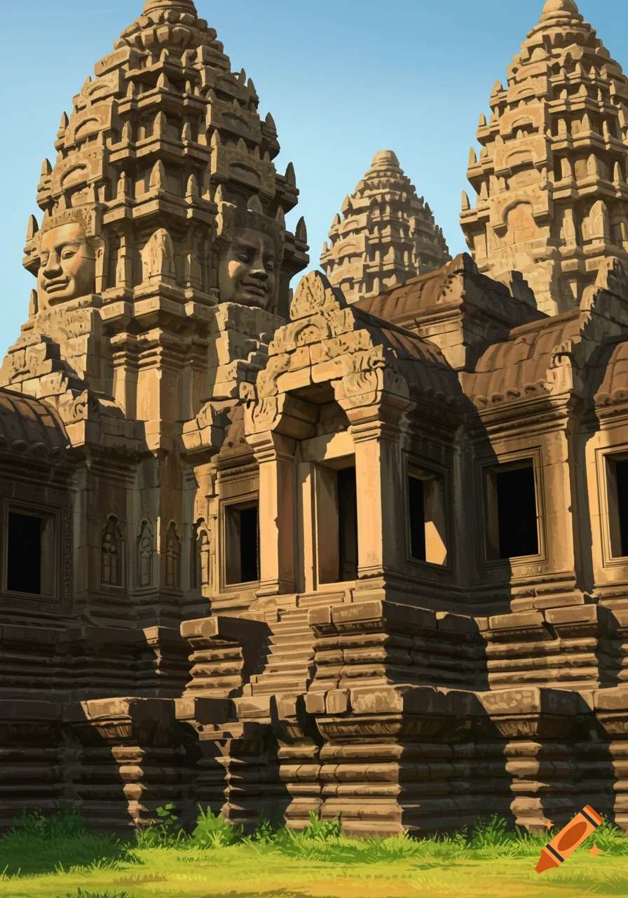 Ancient Khmer stone temple with multiple ornate towers and large carved faces against a clear blue sky.
