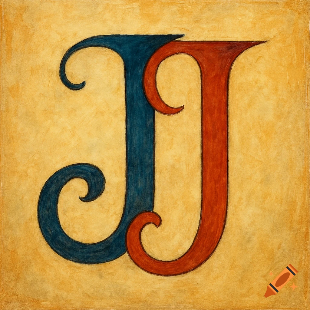 Two stylized capital letters J, one blue and one red, intertwined on a textured yellow background.