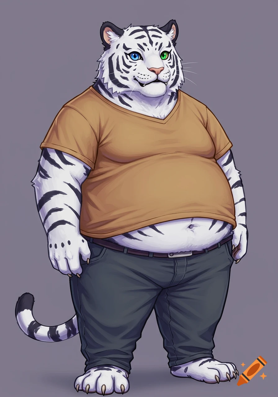 A chubby male white tiger furry wearing an orange t-shirt and gray pants, with one blue eye and one green eye.