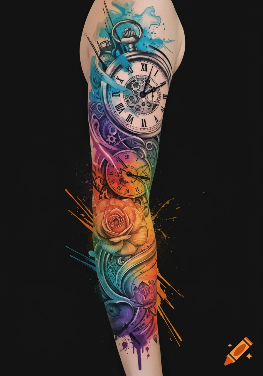 A vibrant watercolor tattoo sleeve on an arm, featuring a large pocket watch, a rose, and a lotus flower with colorful splatters.