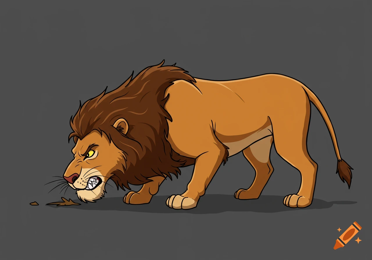 Animated cartoon lion angrily sniffing the ground on all fours, side view.