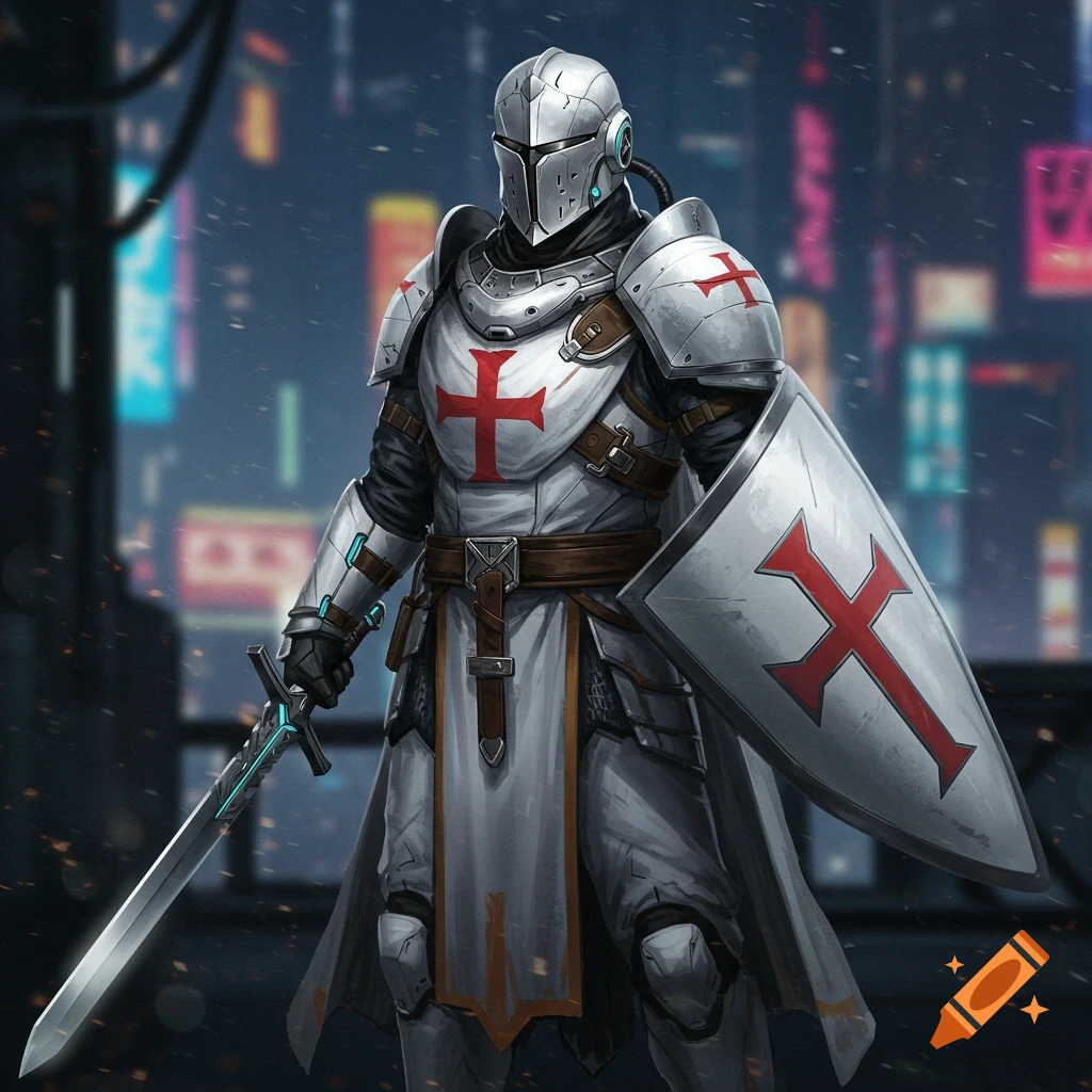 A sci-fi knight in white and silver armor with red crosses, holding a glowing sword and shield in a futuristic city.