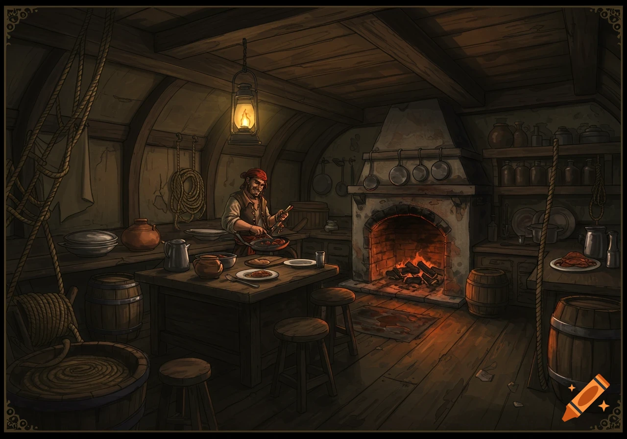 A bearded pirate cooks over a pan in a rustic, dimly lit ship's kitchen, with a warm fireplace and a glowing lantern.