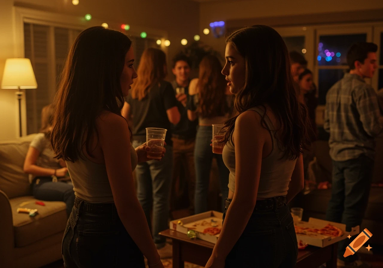 Photorealistic image of two brunette teenagers facing each other at a dimly lit house party, with a pizza box on a table.