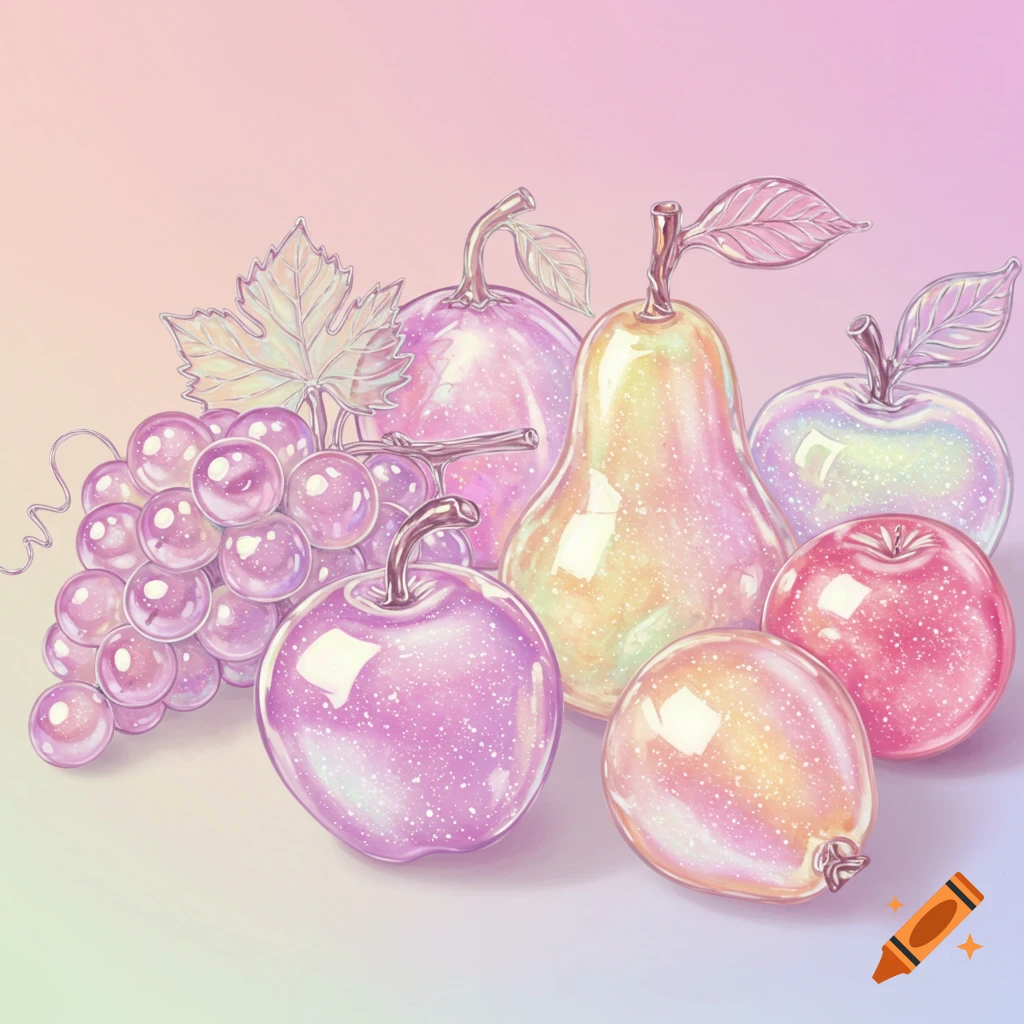 A still life of blown glass fruits, including grapes, apples, and pears, in pastel colors with a sparkly, iridescent finish.