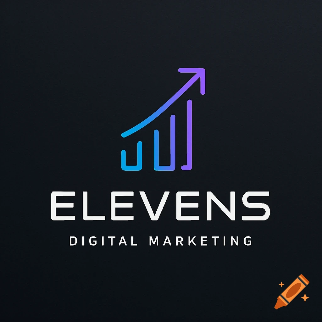 Modern digital marketing logo with a gradient blue and purple growth graph icon and 'ELEVENS DIGITAL MARKETING' text on a dark background.